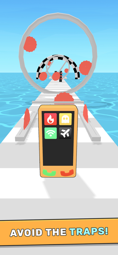 Mobile Run - A mobile phone character avoids red saw traps on a running track in the Mobile Run game