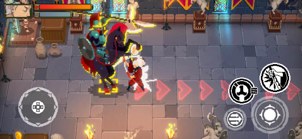 Gameplay of Otherworld Legends featuring a pixel art character fighting a knight on horseback.