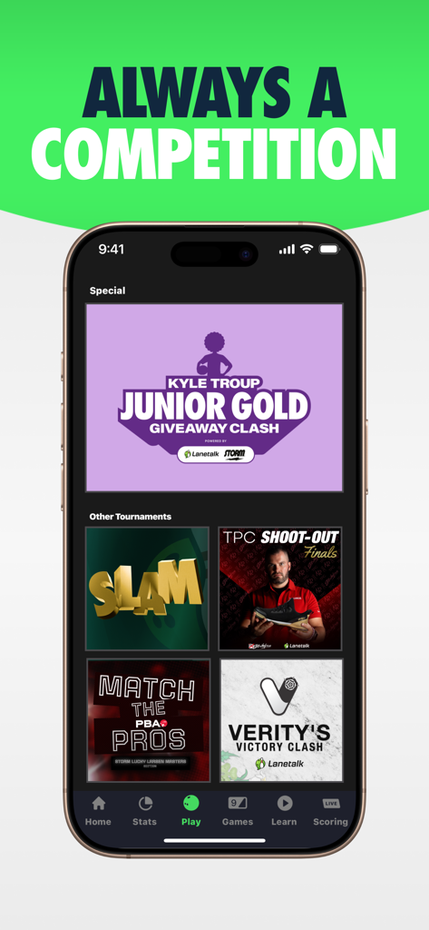Lanetalk Bowling - Tela do aplicativo mobile Lanetalk Bowling mostrando vários torneios de boliche ativos e competições profissionais na aba Play.
