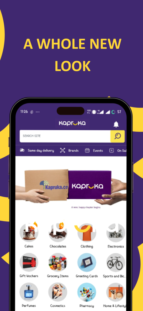 Kapruka mobile app home screen showing various shopping categories like cakes, chocolates, and groceries