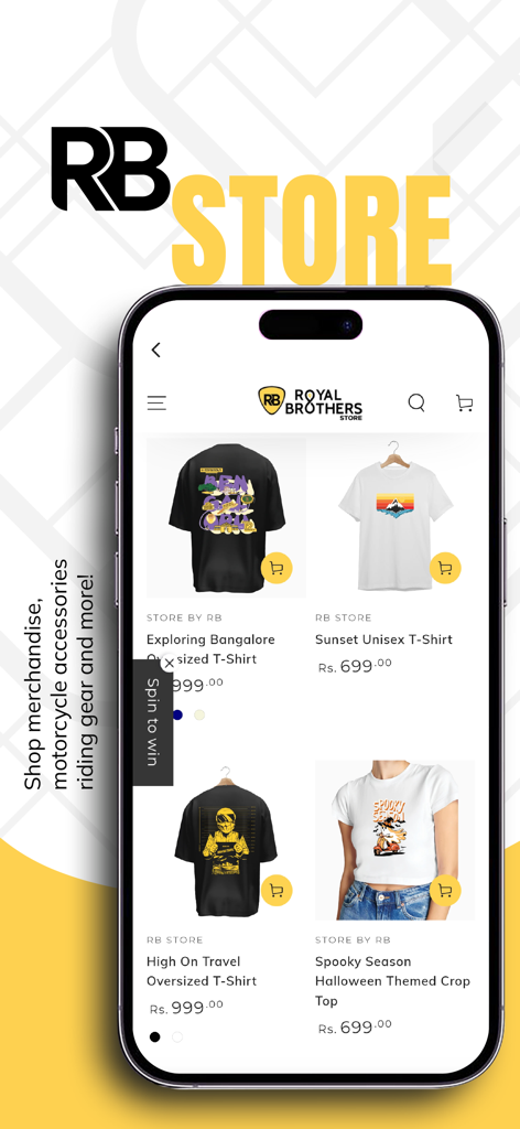 Royal Brothers - Bike Rentals - Schermata dello store dell'app mobile Royal Brothers che mostra magliette e abbigliamento firmati