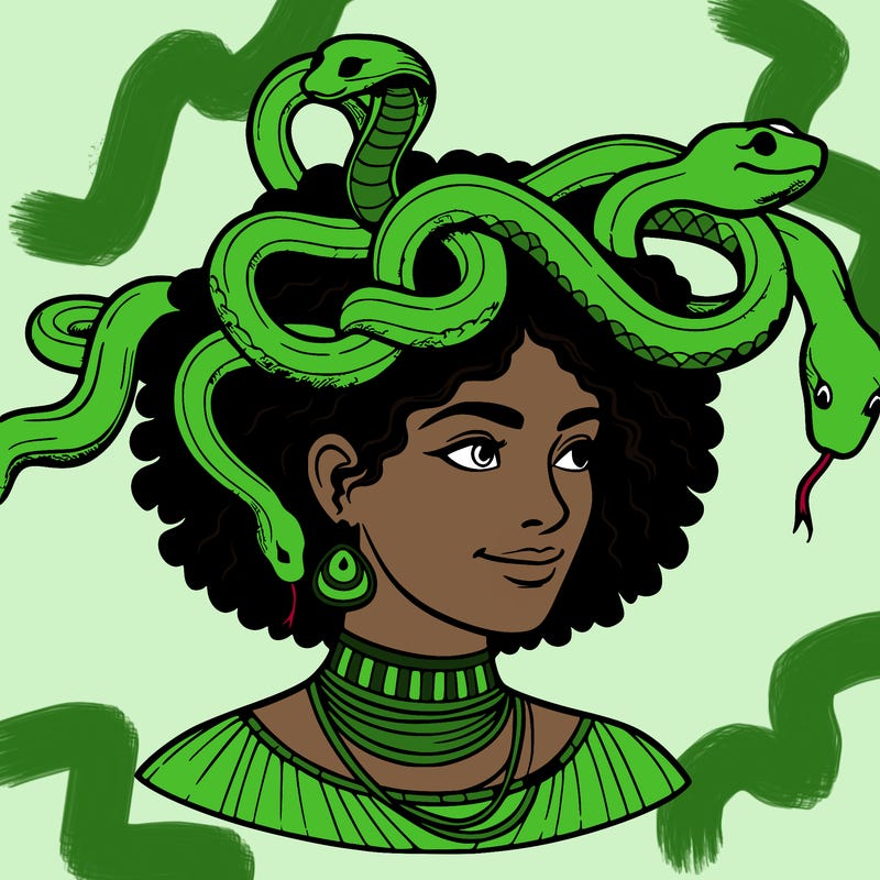 realistic woman snakes on head
