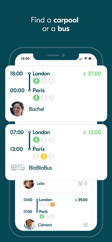 BlaBlaCar app interface displaying carpool and bus travel results from London to Paris with prices