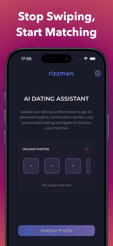 Pantalla del Asistente de Citas con IA de Rizz App mostrando una función de carga de fotos para análisis de perfil