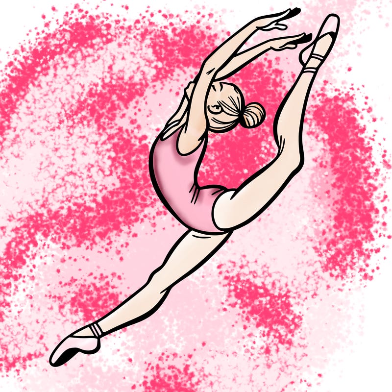 gymnast doing a leap in a leotard with a bent back leg