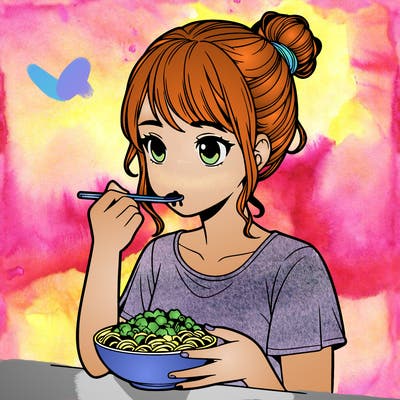 a realistic girl, eating food
