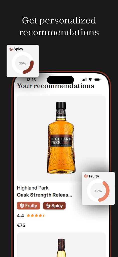 A mobile app screen showing personalized whisky recommendations and flavor profiles.