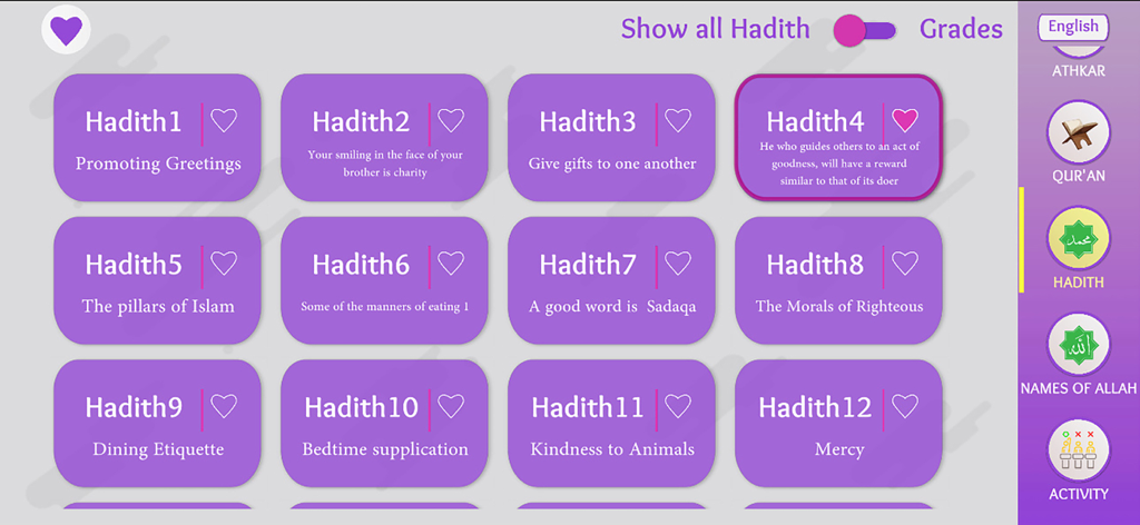 Islamic Treasures - A screen from the Islamic Treasures app showing a grid of numbered Hadith lessons for children with titles like Promoting Greetings and Kindness to Animals.