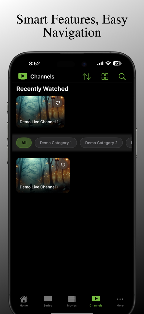 Oberfläche der iPTV Player plus App, die den Kanäle-Bildschirm mit kürzlich angesehenen Elementen und Kategorie-Navigation zeigt
