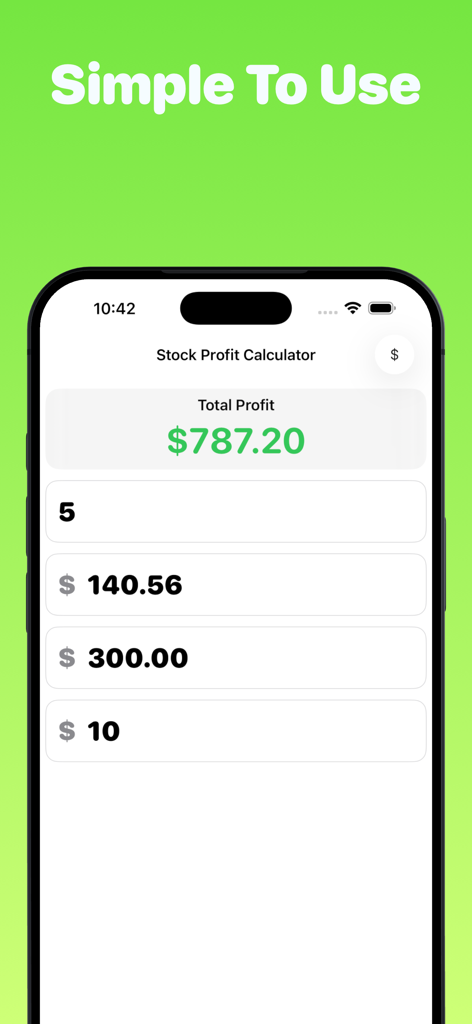 Una interfaz móvil simple de la aplicación Calculadora de Ganancias y Pérdidas de Acciones que muestra una ganancia calculada de 787 dólares y 20 centavos