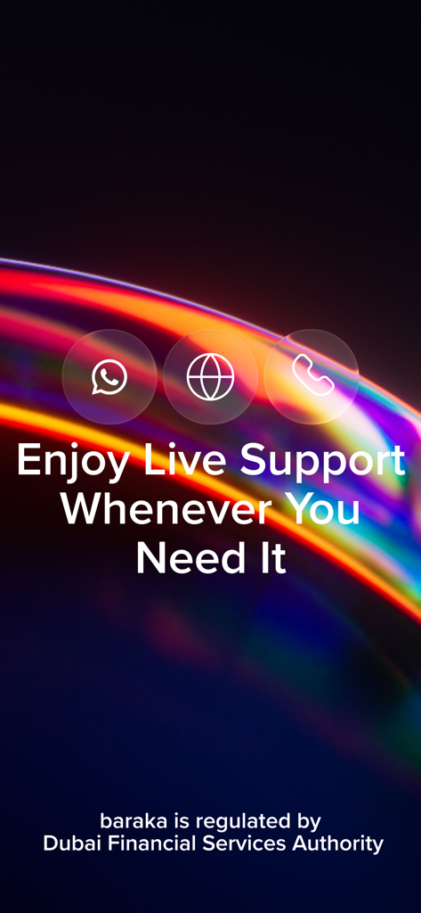 baraka: Buy US Stocks & ETFs - A screenshot of the baraka app showing options for live support via WhatsApp web and phone with a notification that the app is regulated by the Dubai Financial Services Authority