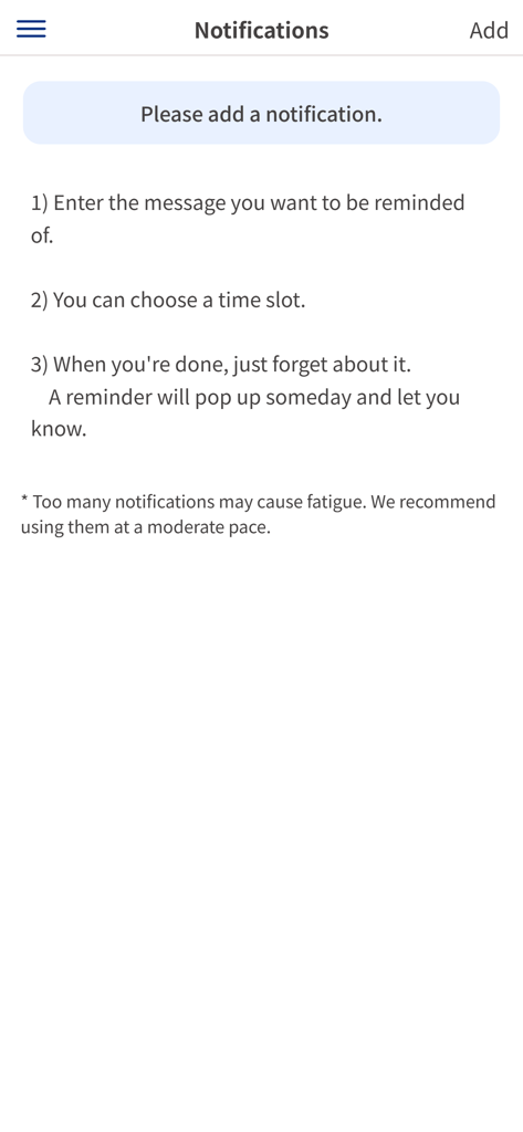 Sudden Reminder - Interface of the Sudden Reminder app displaying step by step instructions for setting up random self reminders
