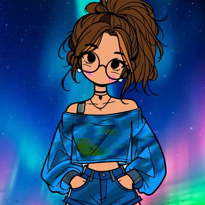 girl with a messy ponytail glasses a baggy crop top and jean shorts