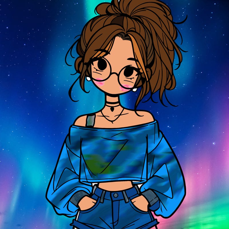 girl with a messy ponytail glasses a baggy crop top and jean shorts