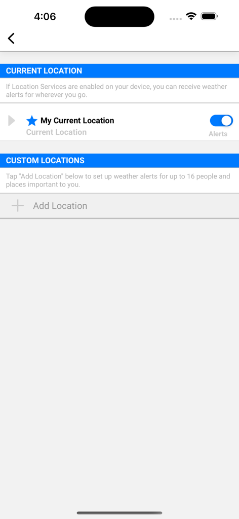KSAT 12 Weather app location settings interface for custom weather alerts