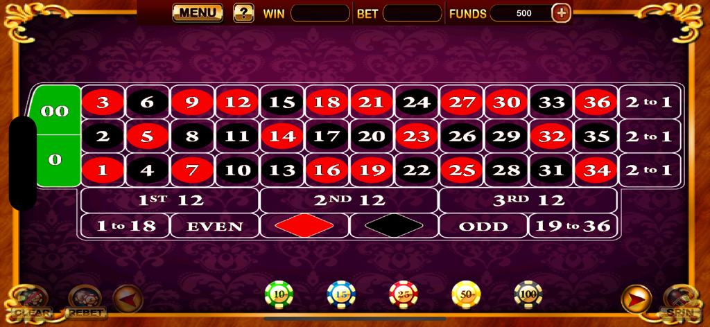 Roulette Fun - American roulette betting board showing numbers and virtual chips in the Roulette Fun game