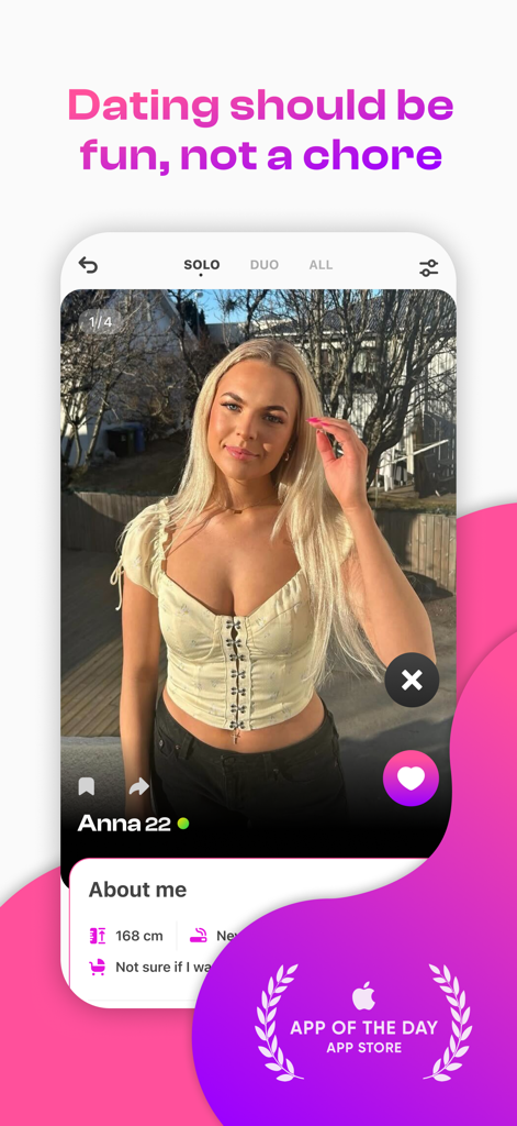 Smitten - a fun dating app - Smartphone screen showing a user profile on the Smitten dating app with the slogan Dating should be fun not a chore and an App of the Day badge