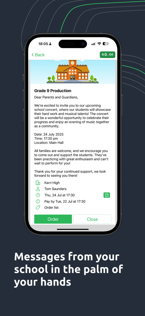 A school event invitation and message on the Karri mobile app