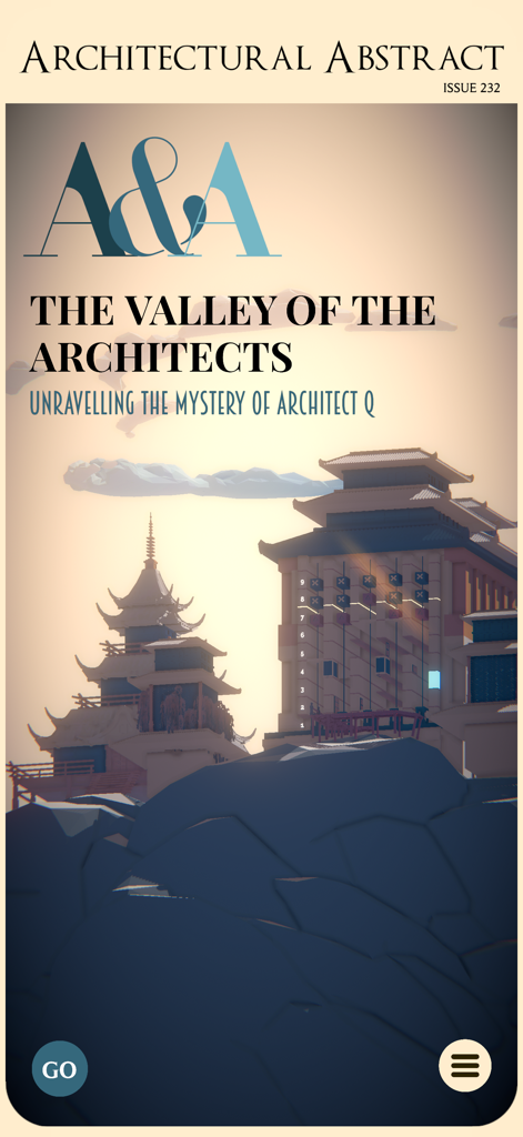 The Valley of the Architects - Écran titre du jeu La Vallée des Architectes conçu comme une couverture de magazine avec des bâtiments architecturaux au coucher du soleil