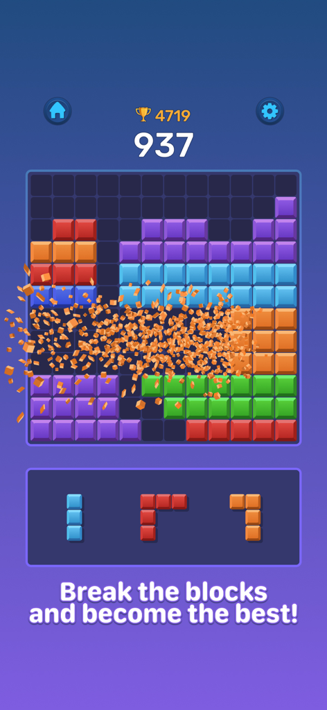Boom Blocks: Classic Puzzle - Colorful block puzzle gameplay showing blocks shattering on a grid