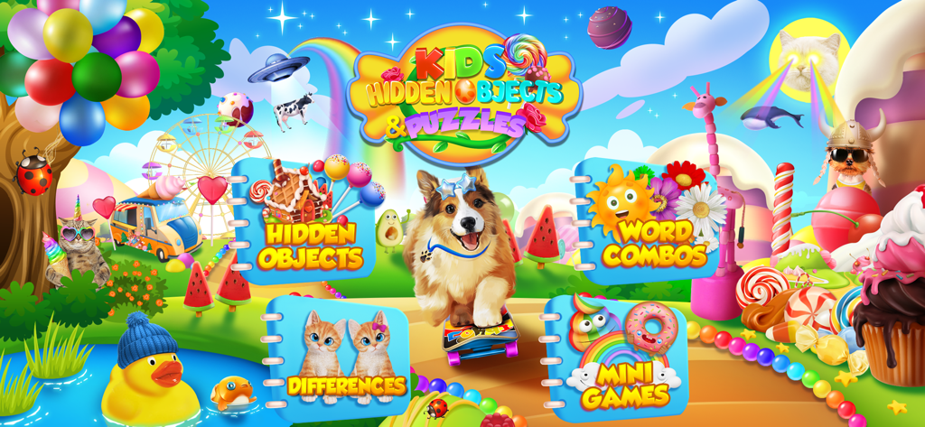 Colorful main menu of Kids Hidden Objects and Puzzles app featuring a corgi on a skateboard and various game mode options