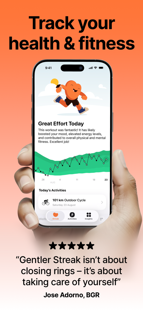 Gentler Streak Workout Tracker - Una mano sosteniendo un iPhone que muestra el panel de salud y fitness de la aplicación Gentler Streak con un resumen de entrenamiento y un gráfico de actividad.