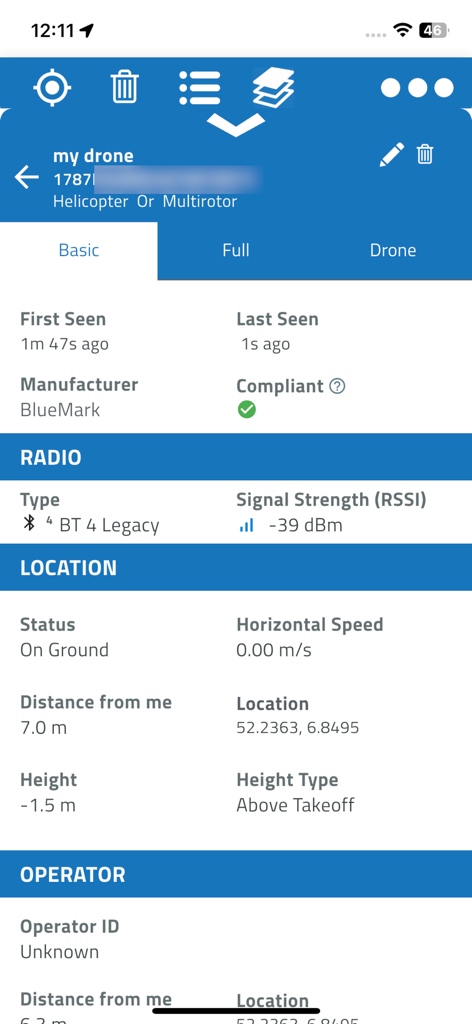 DroneScout pro - Technical details of a detected drone in the DroneScout pro app showing location and signal data