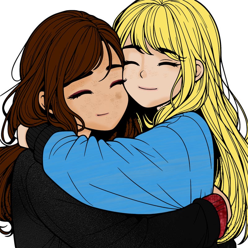 realistic two girls hugging