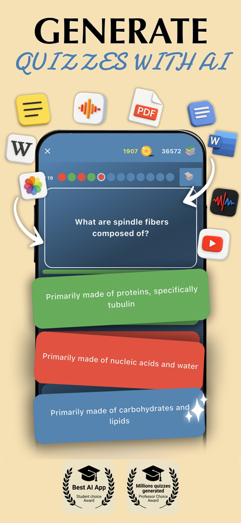 Aistote : AI QUIZ - Interface de l'application mobile Aistote montrant une question de quiz scientifique générée par IA avec des réponses à choix multiples.