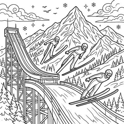Experience the adrenaline rush of winter sports with this exciting ski jumpers coloring page. Capture three athletes mid-air against a majestic snowy mountain backdrop, ready for your creative touch.