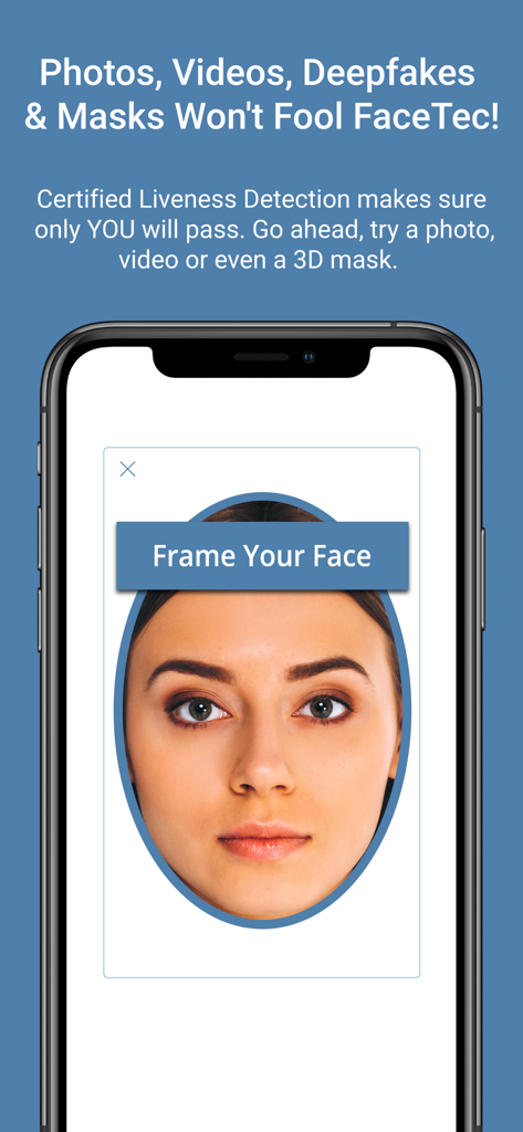 Uma tela de smartphone mostrando a interface do aplicativo FaceTec ID Check com o rosto de uma mulher sendo enquadrado para detecção de vivacidade 3D.