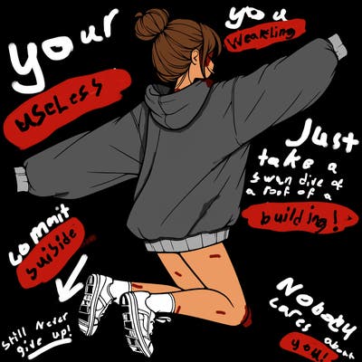 realistic girl jumping with a bun and oversized sweatshirt