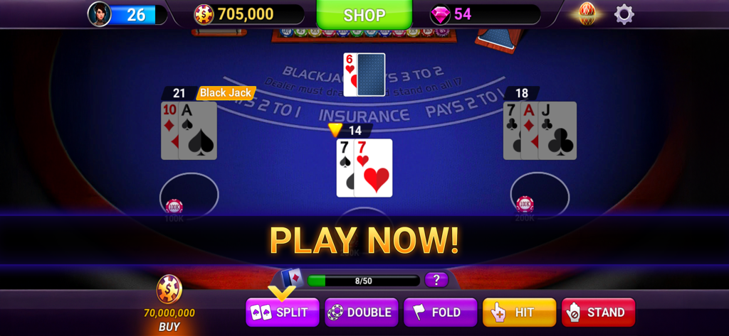 Gameplay von Blackjack 21, das Karten auf einem Tisch mit Optionen zum Teilen und Ziehen zeigt.