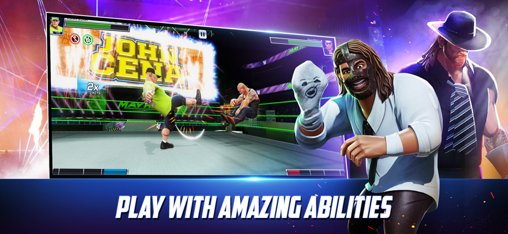 Arcade-Wrestling-Gameplay in WWE Mayhem mit John Cena und Mick Foley mit Mr Socko.