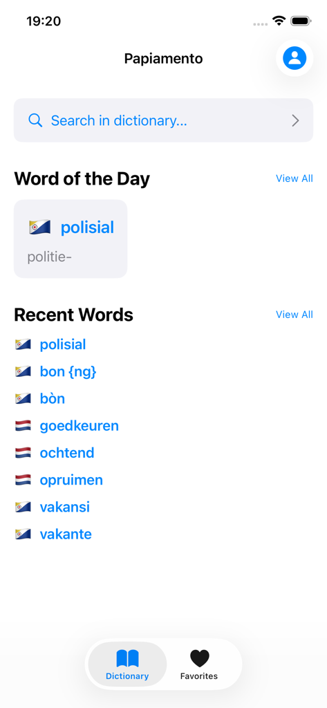 Papiaments Dictionary - Écran d'accueil de l'application Dictionnaire Papiamentu montrant la barre de recherche et la liste des mots récents