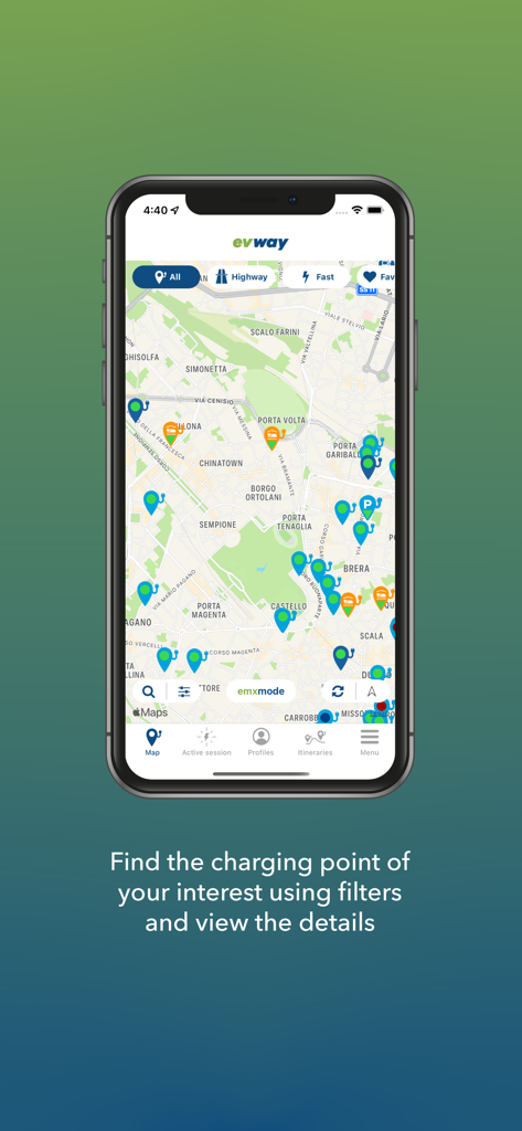 evway - Car Navigator eMX - The evway app interface showing electric vehicle charging stations on a city map with navigation filters.