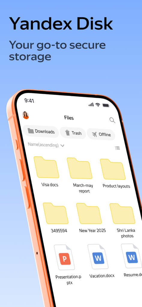 Interface of the Yandex Disk app showing cloud storage folders and documents on a mobile device