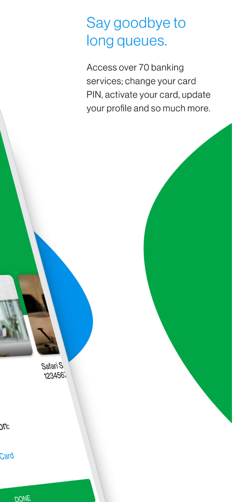 SC Mobile Uganda - Interface do aplicativo SC Mobile Uganda destacando mais de 70 serviços bancários remotos para gerenciar contas e cartões