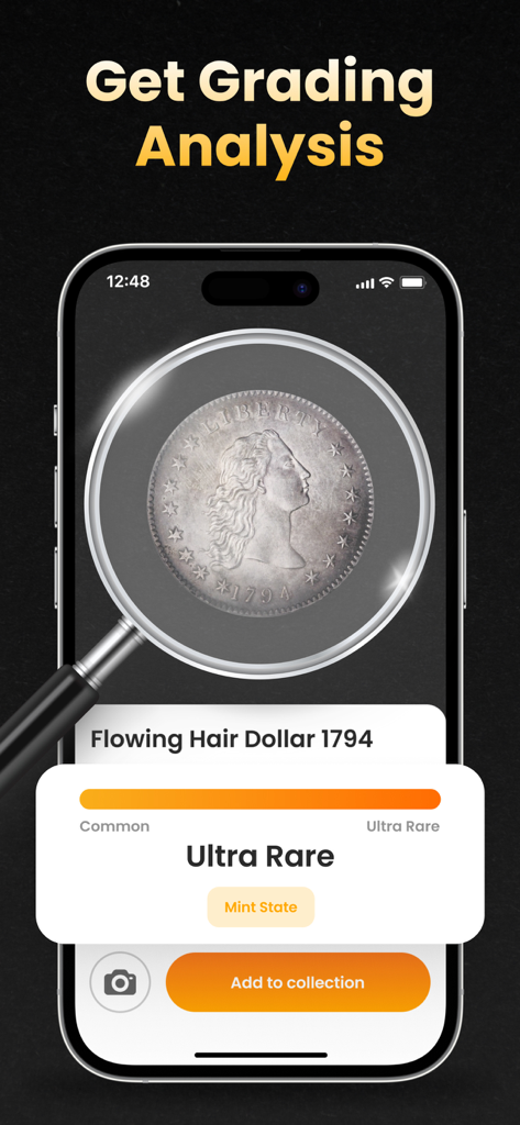 Coin ID Scanner: Value Checker - Pantalla de un smartphone mostrando la aplicación Escáner de ID de Monedas proporcionando un análisis de calificación para un raro Dólar Flowing Hair de 1794