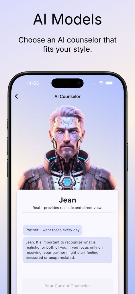 Interface of BetterCouple app showing the selection of a realistic and direct AI relationship counselor named Jean