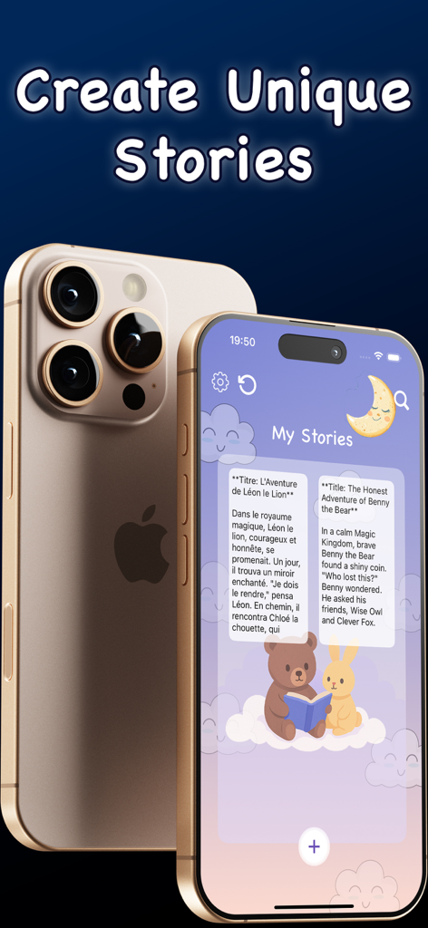 Bedtime Stories - StoryBook AI - Bedtime Stories app interface showing personalized AI stories for kids on an iPhone