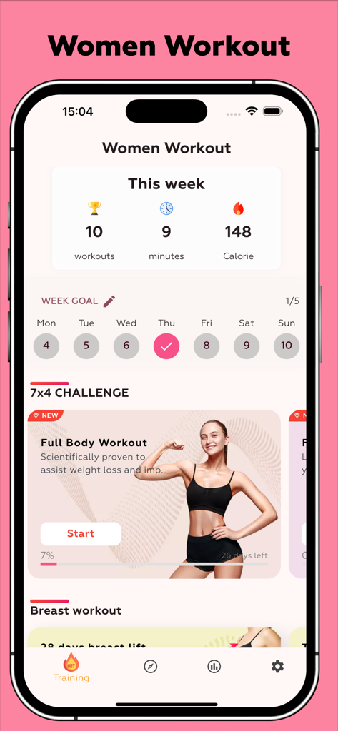 Women Workout - Burn Belly Fat - Panel de control de la app 'Entrenamiento para Mujeres' mostrando estadísticas de progreso semanal y un desafío de entrenamiento de cuerpo completo.
