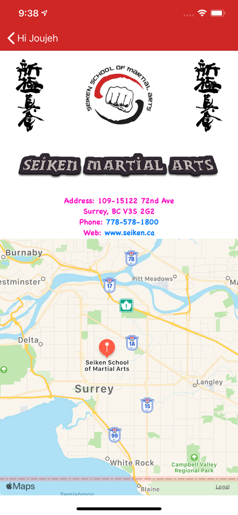Seiken - Seiken Martial Arts school contact details and map showing its location in Surrey British Columbia
