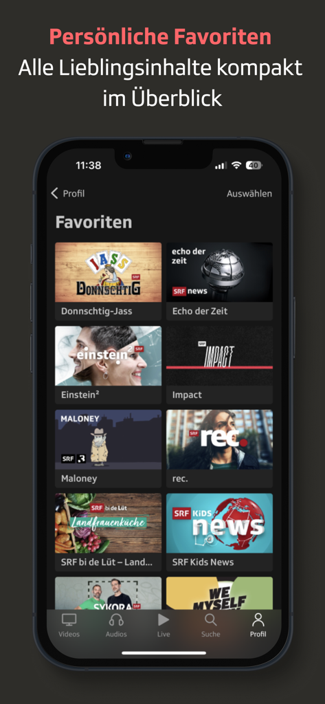 Uno smartphone che mostra la sezione preferiti personali dell'app Play SRF con diverse anteprime di programmi TV e radio svizzeri.