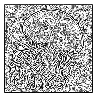 Explore a fantastical fusion with our Steampunk Moon Jellyfish coloring page, blending oceanic wonder with industrial elegance. This intricate design features mechanical tentacles and a bell adorned with gears, inviting a captivating coloring experience.