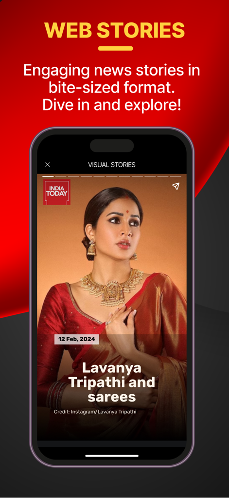 India Today TV English News - India Todayアプリのウェブストーリー機能。要約された形式のビジュアルニュースストーリーが表示されています