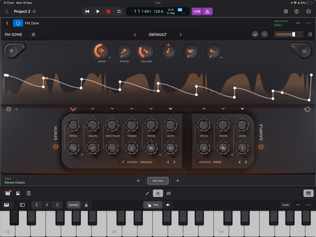 FM Zone boutique synthesizer interface on iPad showing sound controls and waveform visualization