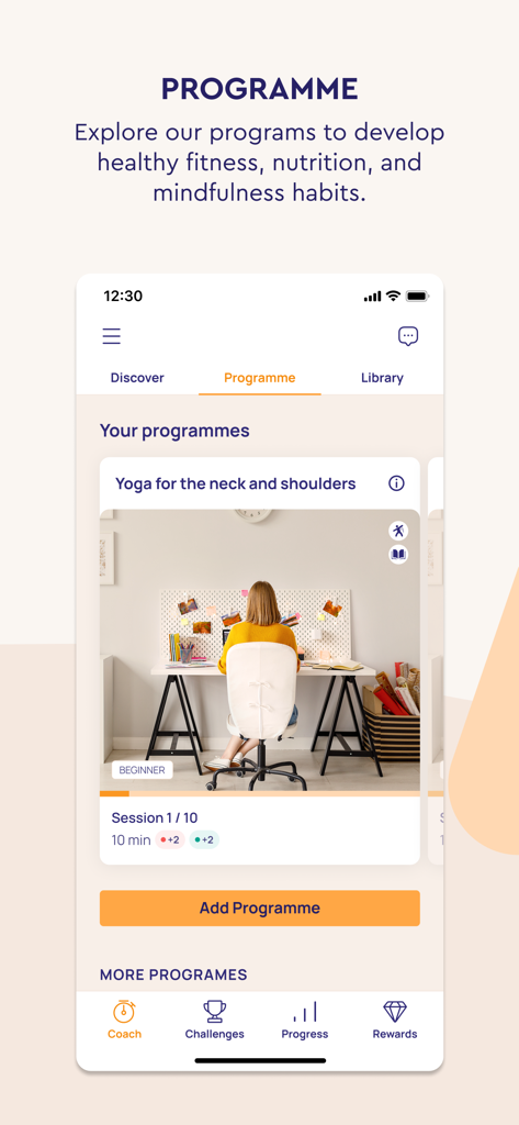 Vity - Vity app interface showing a personalized yoga and health program for beginners