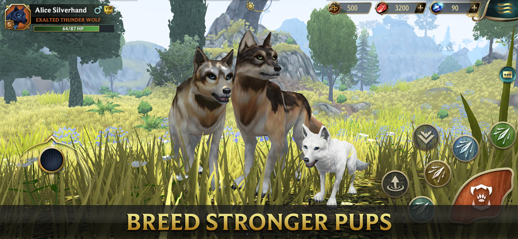 게임 인터페이스에 건강과 기술이 표시되는 잔디밭에서 흰색 늑대 새끼와 함께 서 있는 두 마리의 성체 늑대.