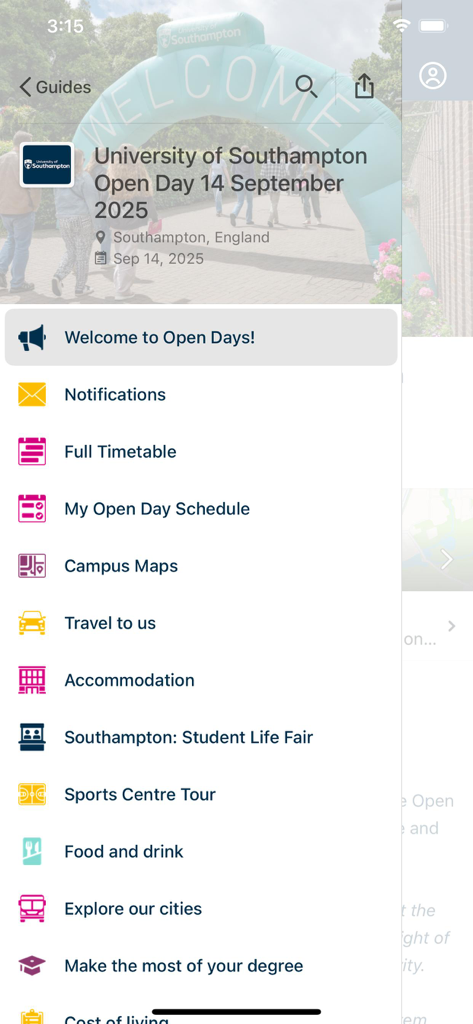 사우스햄튼 대학교 오픈 데이 가이드용 모바일 앱 메뉴 화면